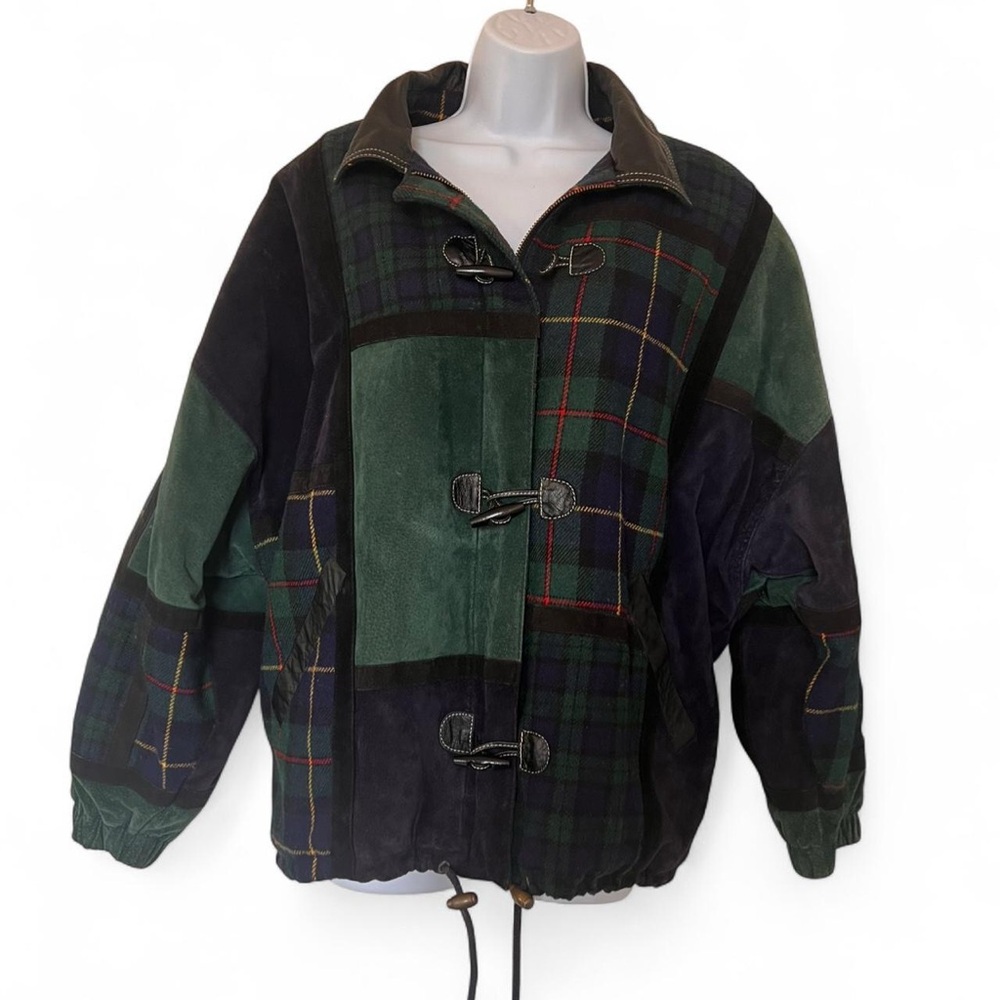 Vintage Brandon Thomas Leather & Plaid Toggle Jacket 🍂🖤 90s Patchwork Coat
